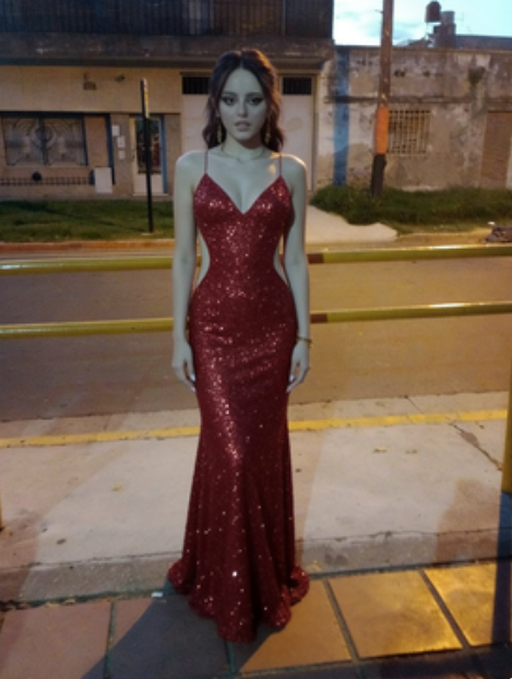 Sexy Red Mermaid Spaghetti Strap V-Neck Backless Sequin Train Prom Dress Evening Dress cc5254