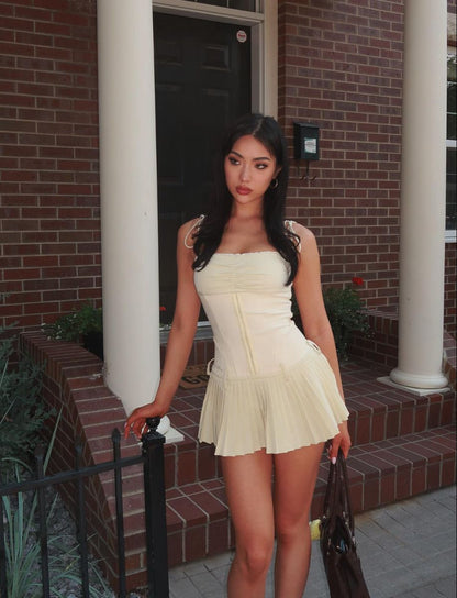 Sweet Light Yellow Suspender Pleated Waist Pleated Skirt Homecoming Dress cc4557
