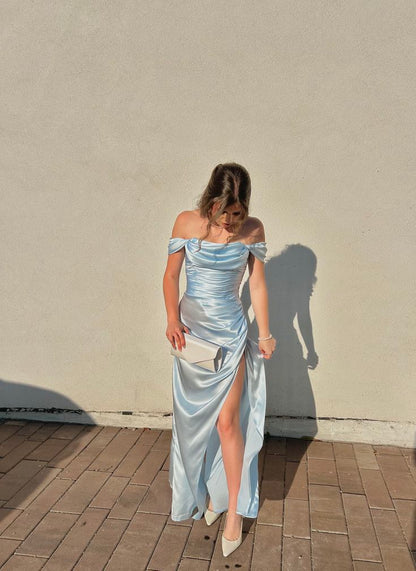 Elegant Ice Blue Off-the-shoulder Strapless Ruffled Split Satin Long Prom Dress Evening Dress cc5257