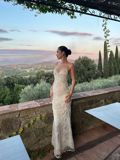 French Elegant Champagne Apricot Mermaid Spaghetti Strap Deep V-Neck Embroidered Lace Long Prom Dress Evening Dress cc5259