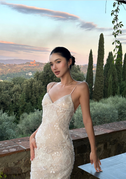 French Elegant Champagne Apricot Mermaid Spaghetti Strap Deep V-Neck Embroidered Lace Long Prom Dress Evening Dress cc5259