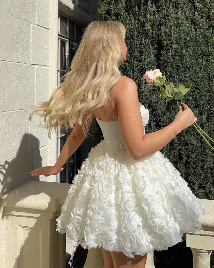 Sweet White Heart Shaped Bandeau Neck Rose Petal A-Line Tulle Birthday Dress Homecoming cc4056