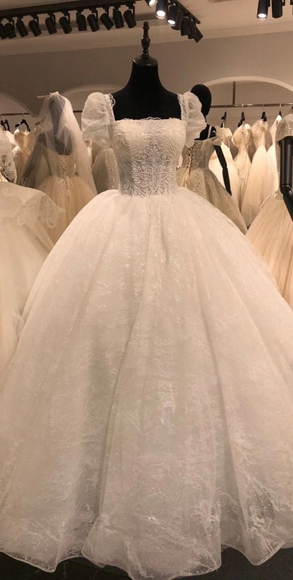 Princess White Square Neck Puff Sleeve Lace Beaded Tulle Tea-Length Wedding Dress cc5260