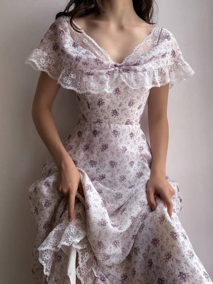 Sweet Light Purple Floral A-line V-Neck Lace Ruffled Chiffon Long Prom Dress Evening Dress cc5261