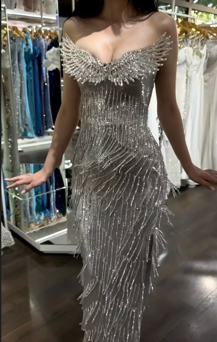Gorgeous Silver Mermaid Strapless Slit Full Diamond Tassel Long Prom Dress Evening Dress cc5262