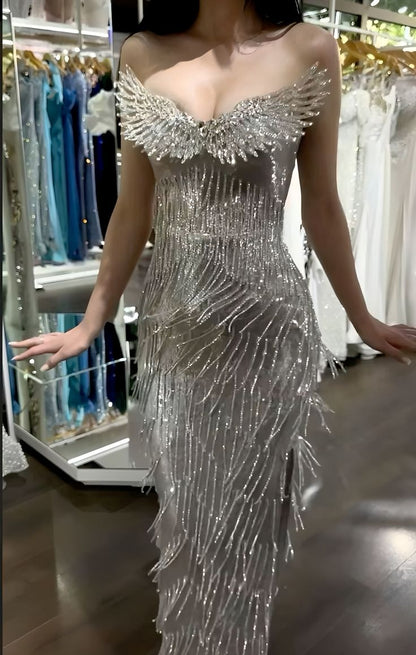 Gorgeous Silver Mermaid Strapless Slit Full Diamond Tassel Long Prom Dress Evening Dress cc5262