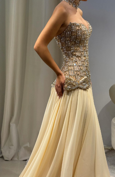 Luxurious Champagne Sweetheart Neck A-line Diamond-Embellished Bow Chiffon Long Prom Dress Evening Dress cc5265