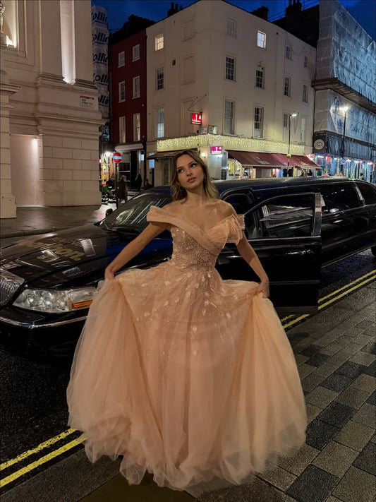 Princess Pink Off-the-shoulder V-Neck Sparkling Diamond Tulle Train Prom Dress Evening Dress cc5267