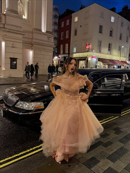 Princess Pink Off-the-shoulder V-Neck Sparkling Diamond Tulle Train Prom Dress Evening Dress cc5267