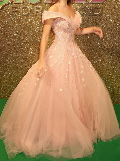 Princess Pink Off-the-shoulder V-Neck Sparkling Diamond Tulle Train Prom Dress Evening Dress cc5267