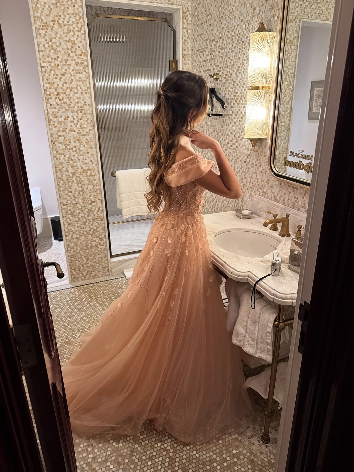 Princess Pink Off-the-shoulder V-Neck Sparkling Diamond Tulle Train Prom Dress Evening Dress cc5267
