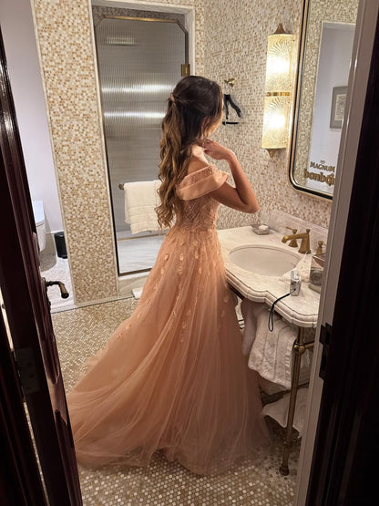 Princess Pink Off-the-shoulder V-Neck Sparkling Diamond Tulle Train Prom Dress Evening Dress cc5267