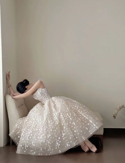 Elegant White A-line Strap Square Neck 3D Flower Tulle Prom Dress Wedding Dress cc4757