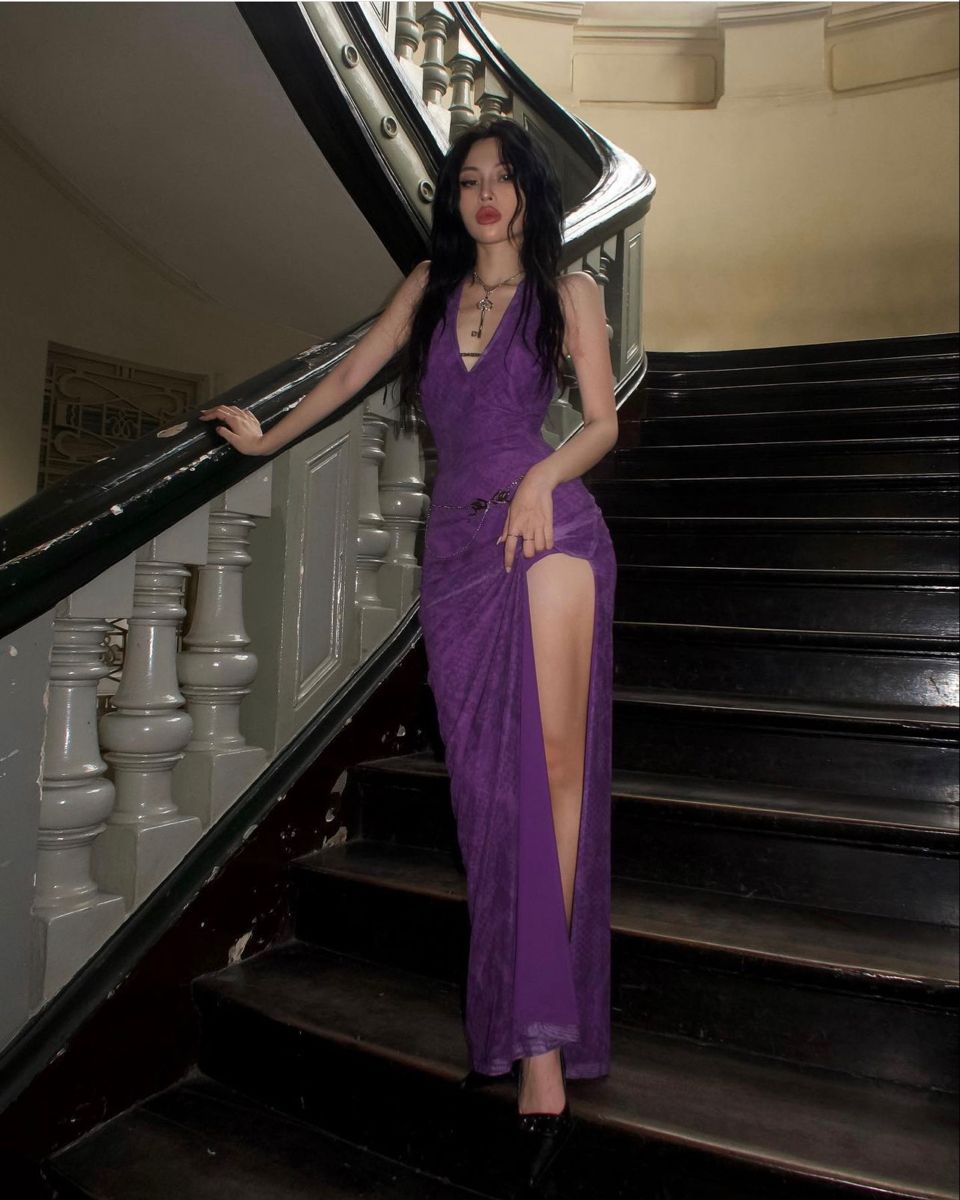 Sexy Deep Purple Halter Deep V-Neck High Slit Backless Tulle Long Prom Dress Evening Dress cc5270