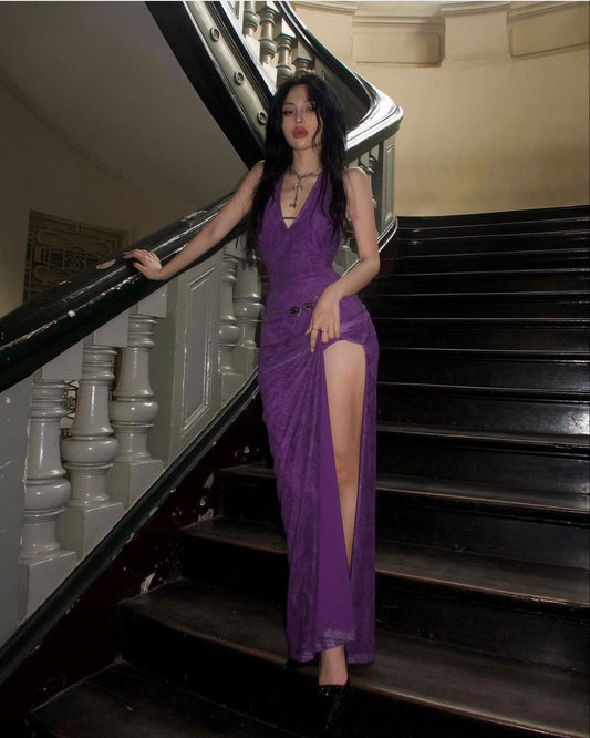 Sexy Deep Purple Halter Deep V-Neck High Slit Backless Tulle Long Prom Dress Evening Dress cc5270