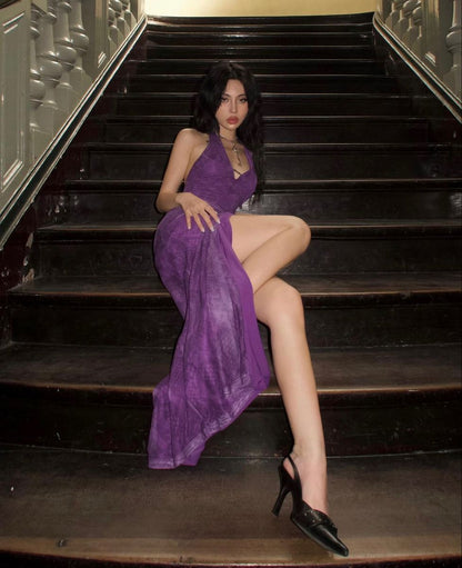 Sexy Deep Purple Halter Deep V-Neck High Slit Backless Tulle Long Prom Dress Evening Dress cc5270