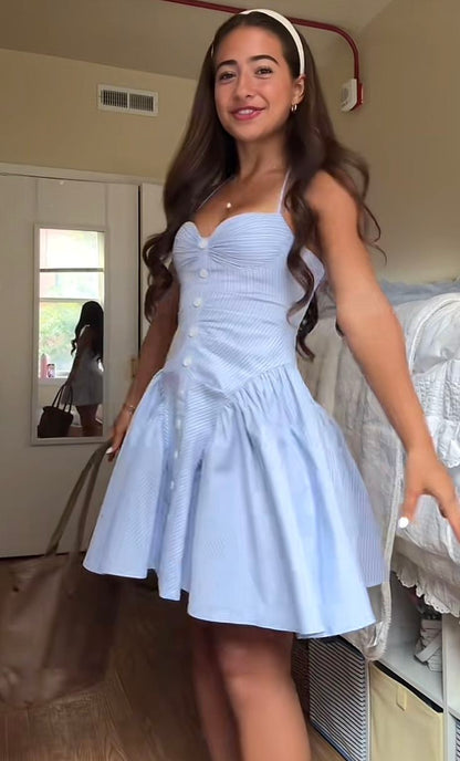 Sweet Light Blue Striped Halter Collar Button A-Line Birthday Party Homecoming Dress cc4584