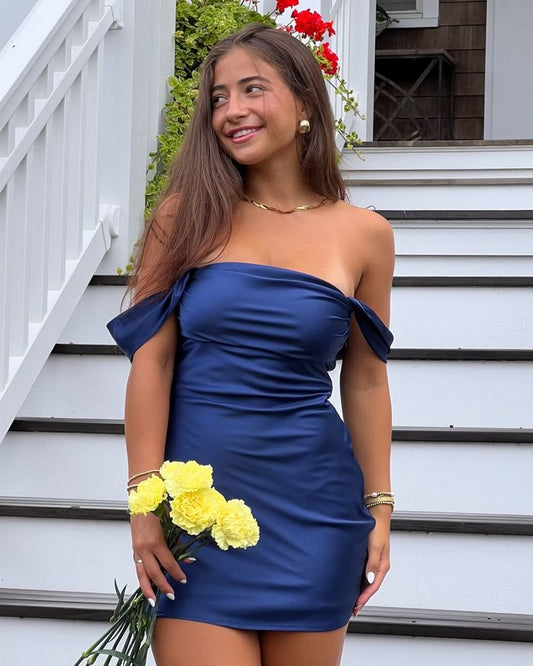 Elegant Navy Blue One-shoulder Slim Satin Birthday Party Homecoming Dress cc4585