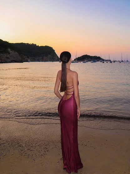 Sexy Burgundy Bodycon Halter Backless Satin Long Prom Dress Evening Dress cc5386