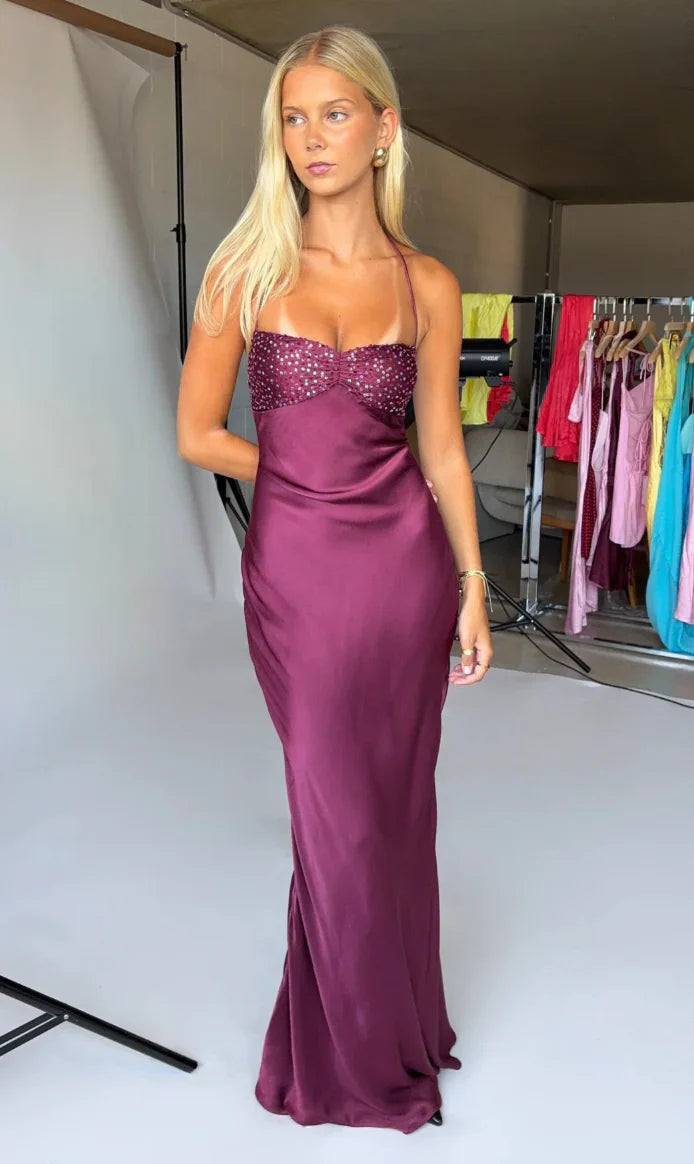 Sexy Burgundy Bodycon Halter Backless Satin Long Prom Dress Evening Dress cc5386