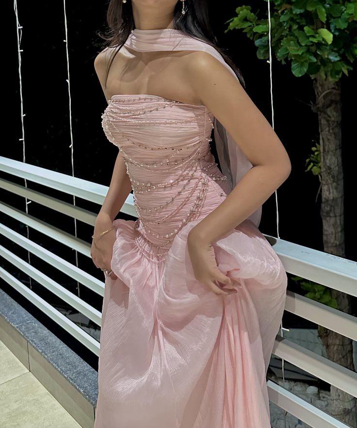 Elegant Pink A-line Strapless Pearl Chain Tulle Long Prom Dress Evening Dress cc5389