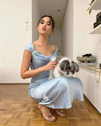 Elegant Light Blue Bodycon Ruffled Satin Long Prom Dress Evening Dress Bridesmaid Dress cc5391