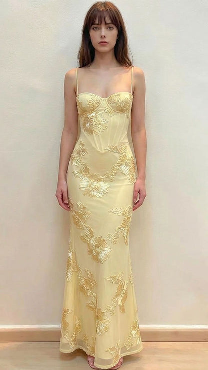 Elegant Yellow Mermaid Thin Strap 3D Floral Tulle Long Prom Dress Evening Dress cc5393