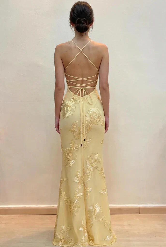 Elegant Yellow Mermaid Thin Strap 3D Floral Tulle Long Prom Dress Evening Dress cc5393