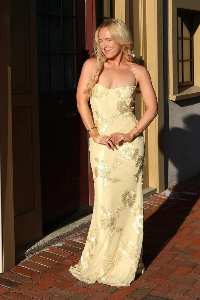 Elegant Yellow Mermaid Thin Strap 3D Floral Tulle Long Prom Dress Evening Dress cc5393