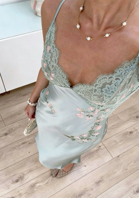French-Style Mint Green Spaghetti Strap V-neck Lace Satin Prom Dress Evening Dress cc5395