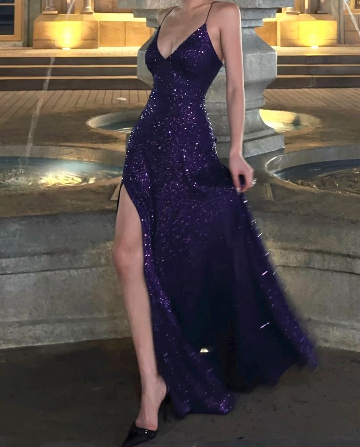 Glamorous Deep Purple A-line Spaghetti Strap V-neck Slit Sequin Long Prom Dress Evening Dress cc5397