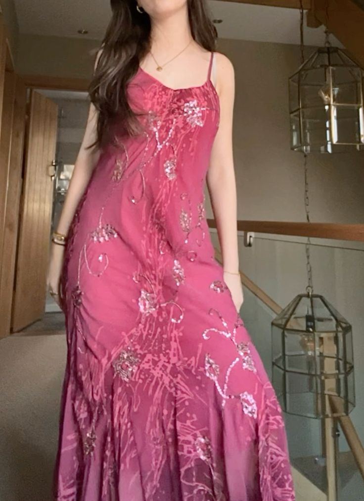 Beautiful Pink Spaghetti Strap Sequin Floral Chiffon Irrgular Prom Dress Evening Dress cc5398