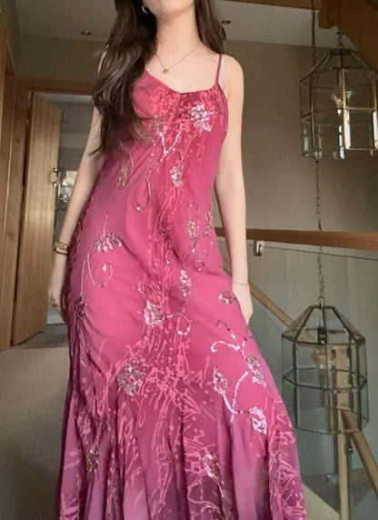 Beautiful Pink Spaghetti Strap Sequin Floral Chiffon Irrgular Prom Dress Evening Dress cc5398