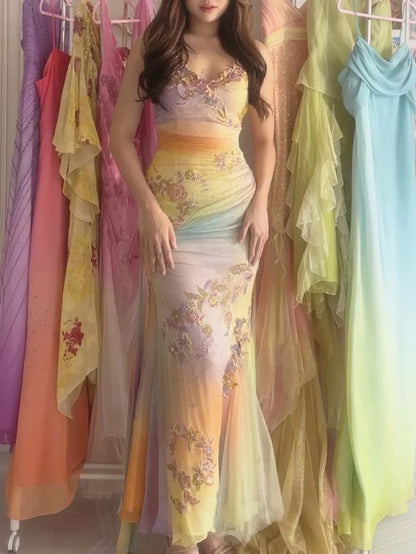 Stunning Gradient Spaghetti Strap V-neck Floral Embroidered Tulle Long Prom Dress Evening Dress cc5400
