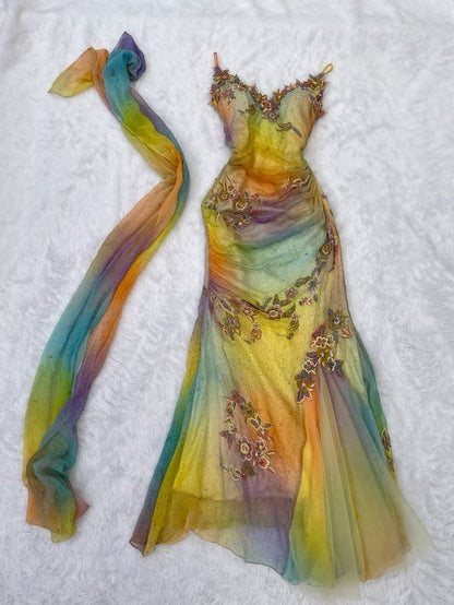 Stunning Gradient Spaghetti Strap V-neck Floral Embroidered Tulle Long Prom Dress Evening Dress cc5400