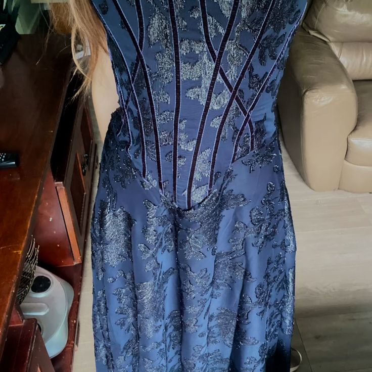 Vintage Navy Blue A-Line Spaghetti Strap Jacquard Satin Long Prom Dress Evening Dress cc5401
