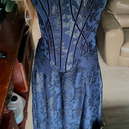 Vintage Navy Blue A-Line Spaghetti Strap Jacquard Satin Long Prom Dress Evening Dress cc5401