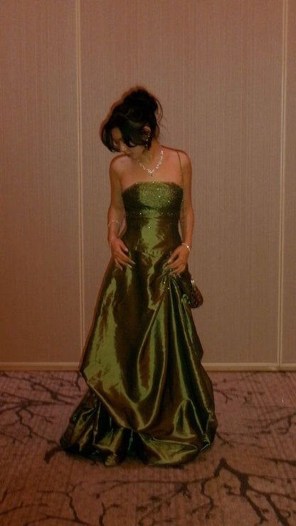 Elegant Green A-line Rhinestone Embellished Satin Long Prom Dress Evening Dress cc5404