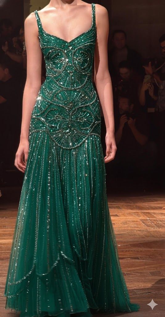 Vintage Green A-line Spaghetti Strap Beaded Tulle Long Prom Dress Evening Dress cc5406