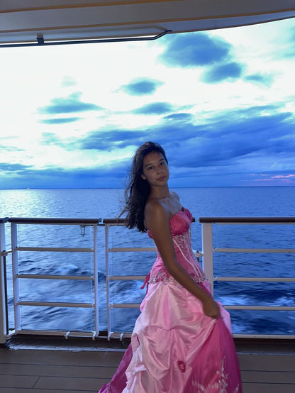 Sweet Pink Strapless A-line Embroidered Satin Long Prom Dress Evening Dress cc5410