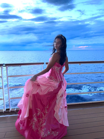 Sweet Pink Strapless A-line Embroidered Satin Long Prom Dress Evening Dress cc5410