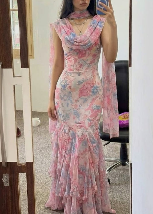 Soft Blush Blue Floral Print Mermaid Spaghetti Strap Chiffon Long Prom Dress Evening Dress cc5411