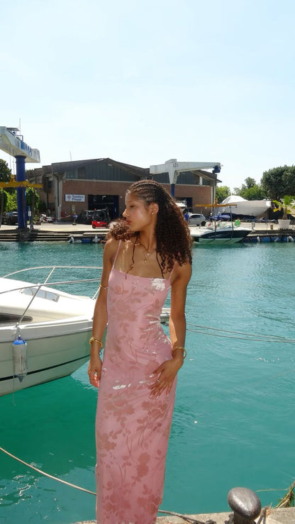 Elegant Pink Square Neck Spaghetti Strap Floral Print Satin Long Prom Dress Evening Dress cc5412