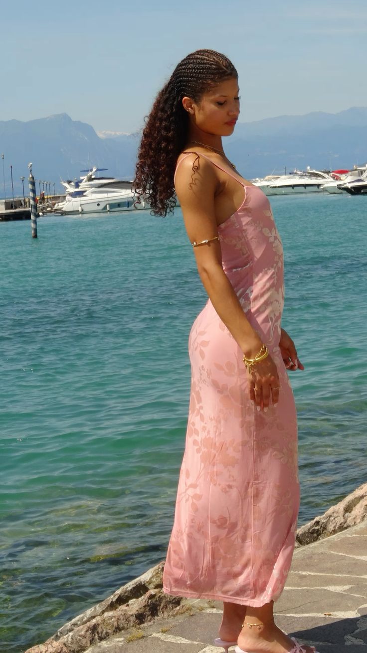 Elegant Pink Square Neck Spaghetti Strap Floral Print Satin Long Prom Dress Evening Dress cc5412