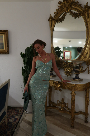Luxurious Mint Green Halter Neck V-Neck Mermaid Open Back Sequin Beaded Tulle Long Prom Dress Evening Dress cc5414
