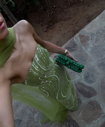 Elegant Green Strapless Sequin Wave Pattern High-Slit Tulle Slim-Fit Long Prom Dress Evening Dress cc5415