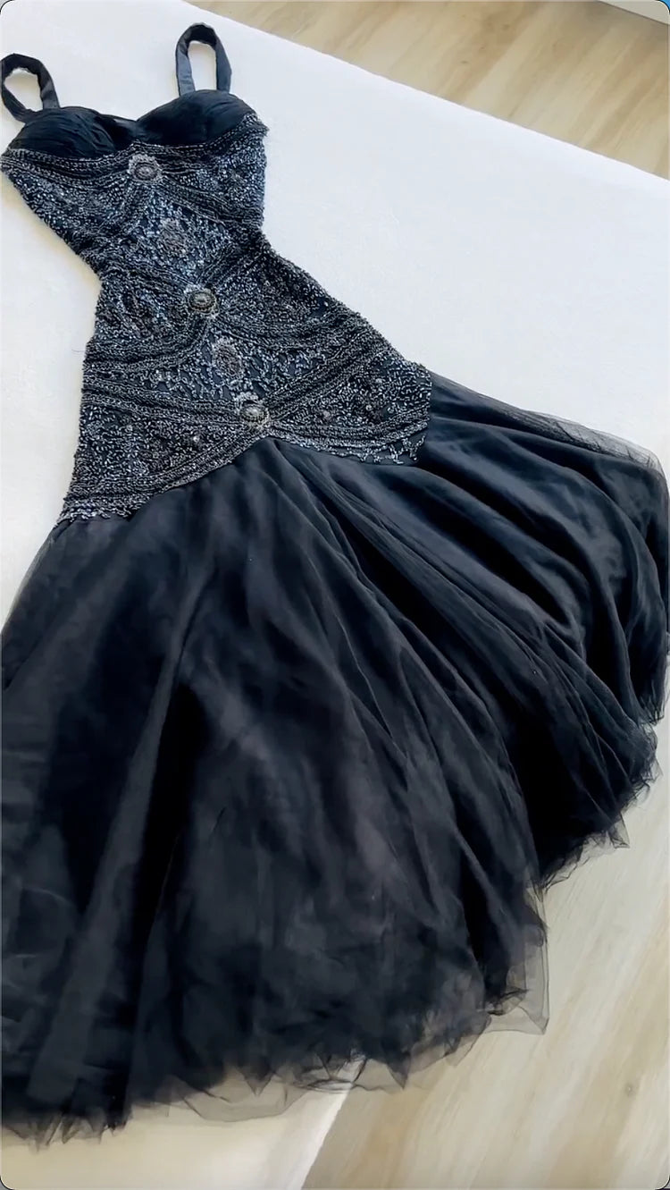 Vintage Black Spaghetti Strap Mermaid Custom Tulle Long Prom Dress Evening Dress cc5418