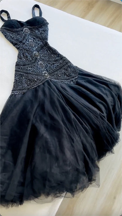 Vintage Black Spaghetti Strap Mermaid Custom Tulle Long Prom Dress Evening Dress cc5418