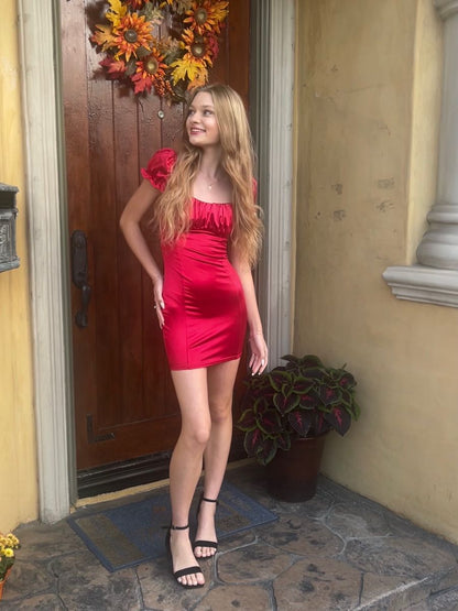 Sweet Red Square Neck Puff Sleeve Slim Hip Satin Birthday Party Homecoming Dress cc4619