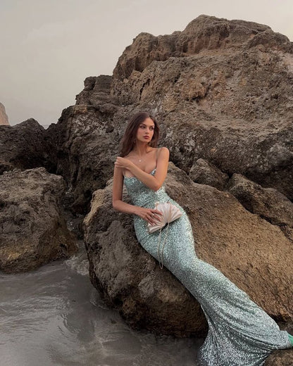 Dreamy Mint Green Mermaid Spaghetti Strap Sequin Long Prom Dress Evening Dress cc5419